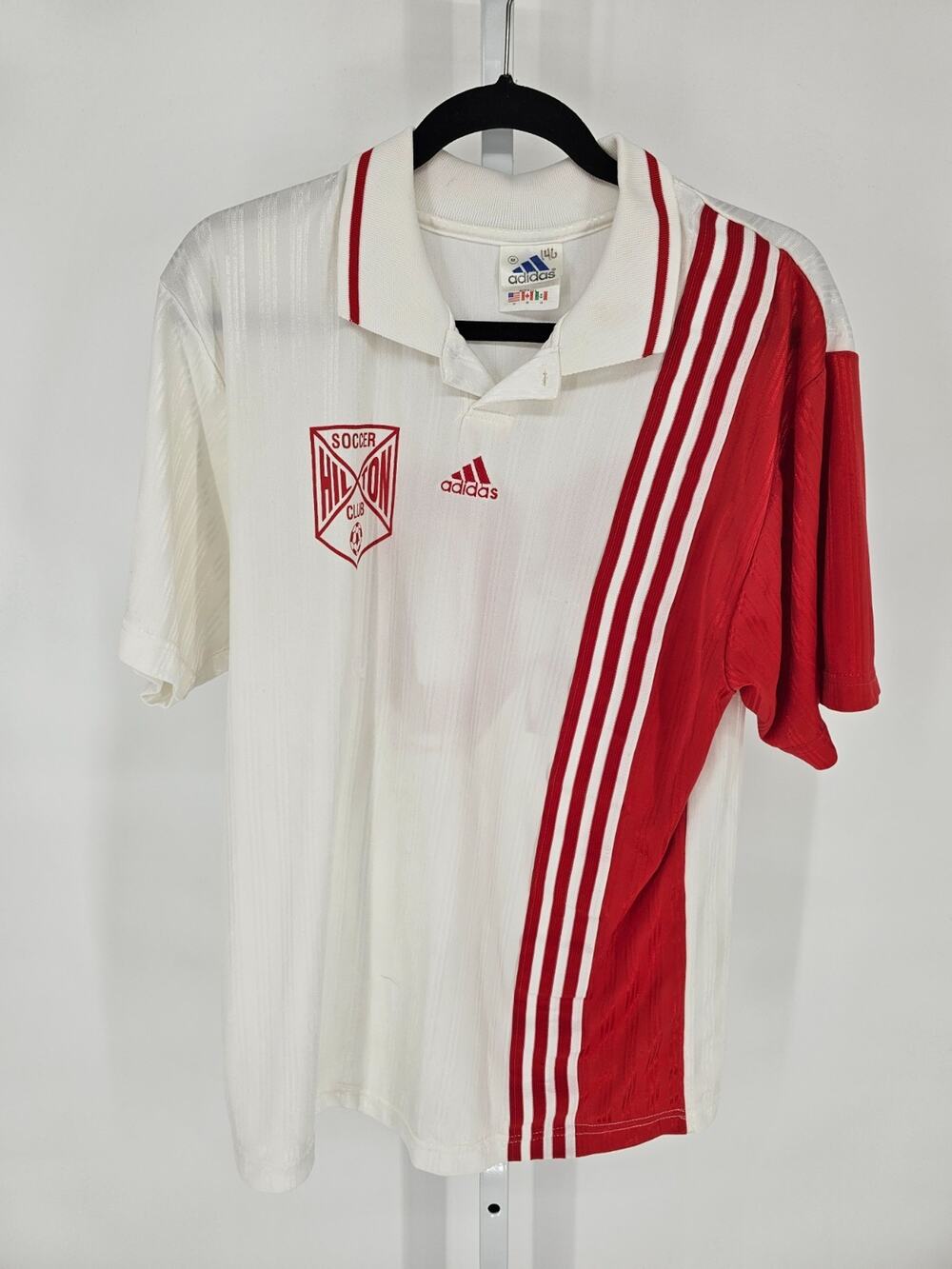 Vintage 1990s Adidas Mens Sz M Polo Style Soccer Jersey Red White Hilton